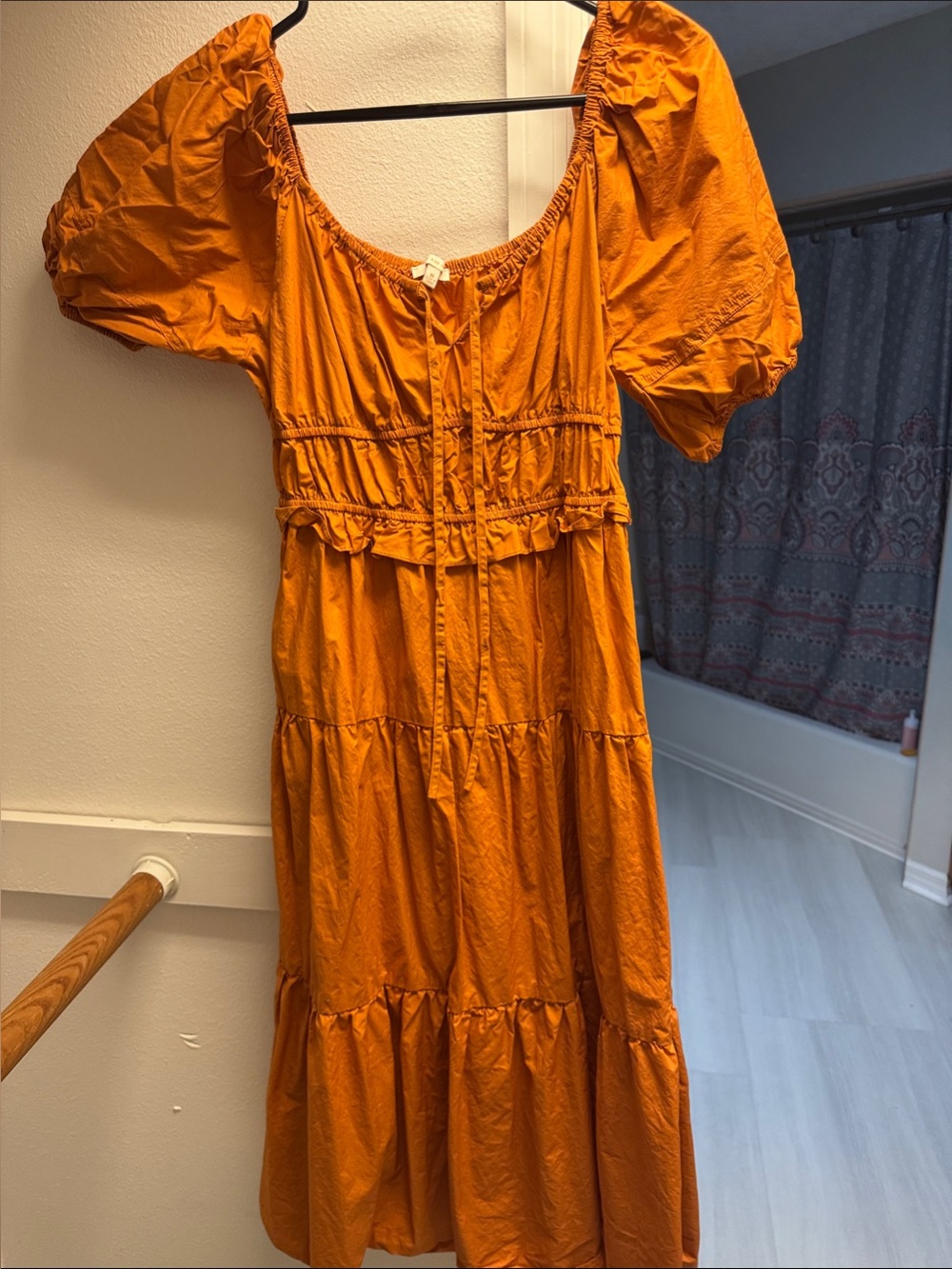 Skies Are Blue Puff-Sleeve Tiered Midi Dress — Orange
